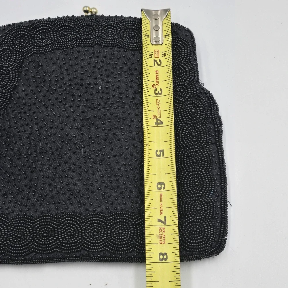 Vintage Black Beaded Evening Bag Clutch Gold Chain Kiss Lock Made in Korea
